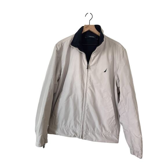 Nautica Mens Reversible Full Zip Fleece Beige Navy Bomber Jacket Size Medium - Picture 1 of 8